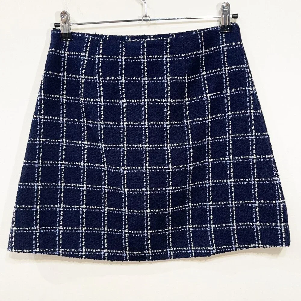 New & Other Stories Plaid Tweed A-Line Mini Skirt Navy 6 $79